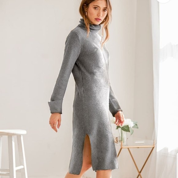 NWT Lulus Snuggled Up Light Grey Knit Turtleneck Midi Sweater Dress, XS - Picture 3 of 16